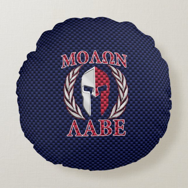 Molon Labe Warrior Mask Blue Carbon Fibre Print Round Cushion (Front)