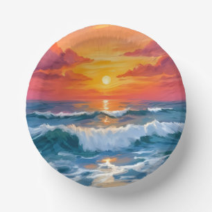 Molten Horizon Ocean Wave Sunset Watercolor Paper Plate