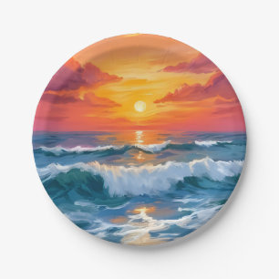 Molten Horizon   Ocean Wave Sunset Watercolor Paper Plate