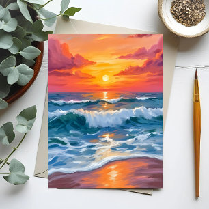 Molten Horizon   Ocean Waves Sunset Watercolor Postcard
