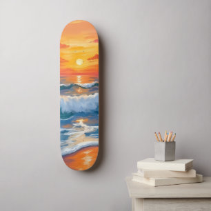 Molten Horizon   Ocean Waves Sunset Watercolor Skateboard
