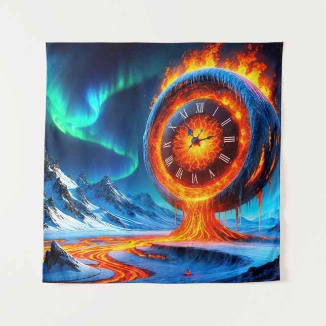 Molten Lava Clock Above Snowy Peaks Tapestry (Front)