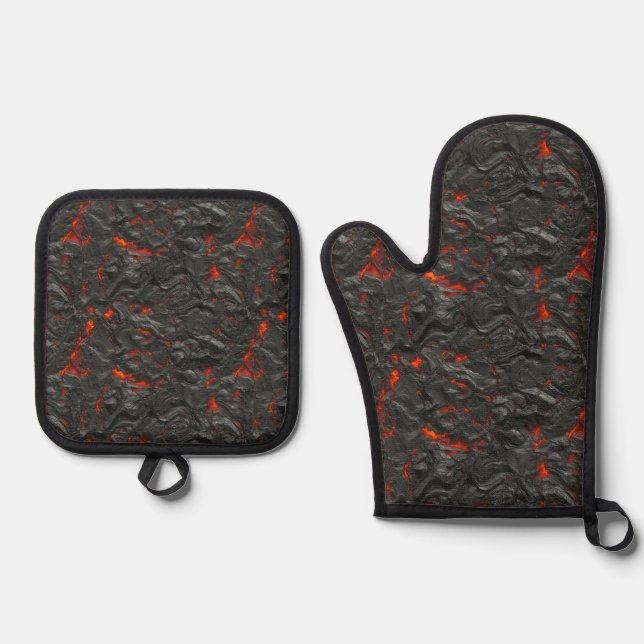 Molten lava volcano red black oven mitt & pot holder set (Front)