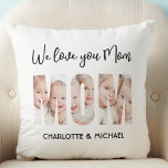 Mom 3 Photos Cutout Letters Cushion<br><div class="desc">Your Mom will be delighted with this charming keepsake photo throw pillow featuring the word MOM as photo cutouts. 
It is easily customizable with your photos and names. Makes a wonderful gift for Mother's Day or her birthday.</div>