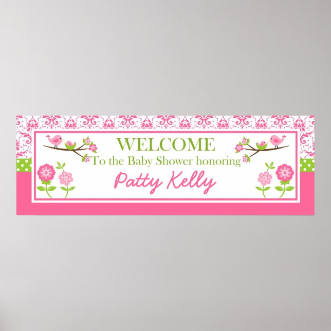 Mom and Baby Bird pink Shower Banner Personalize Poster (Front)
