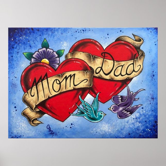 “Mom and Dad” Hearts with Ribbon Art Poster Print (Front)