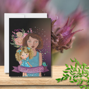 Mom and Daughter Illustration with Flowers Holiday Card