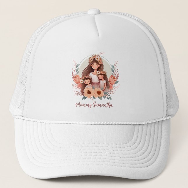 Mom and Daughters with Floral Background Trucker Hat (Front)