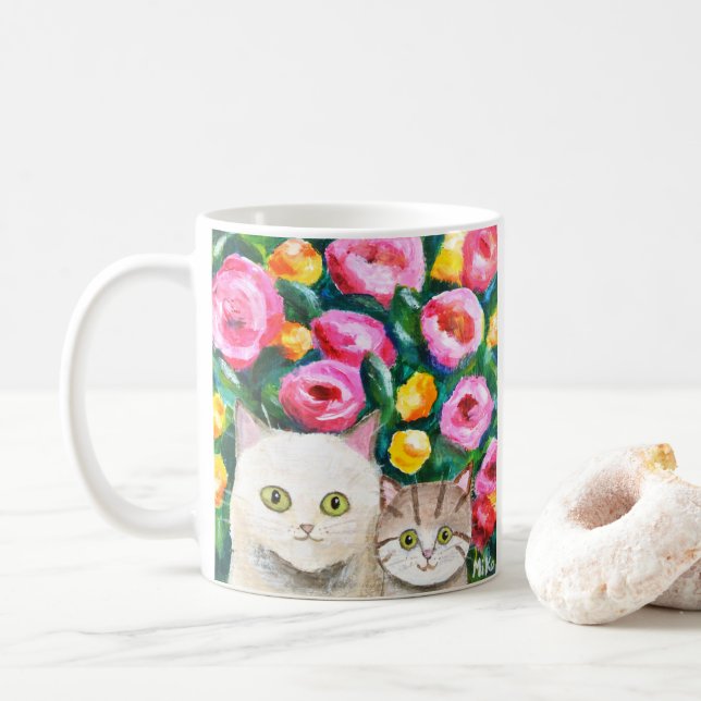 Mom and Kitten Cute Pretty Cats Adorable Cat Lover Coffee Mug (With Donut)