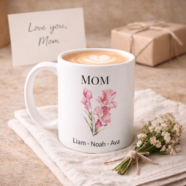 Mom August Birth Flower with Kids Names Coffee Mug (Creator Uploaded)