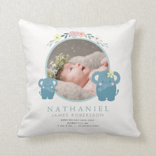 Mom & Baby Elephant Blue Photo Baby Stats Cushion
