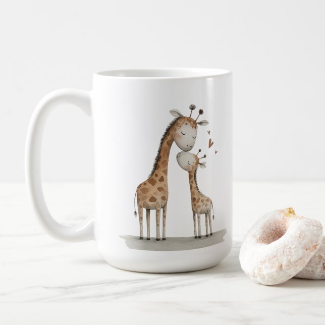 Mom & Baby Giraffe Cute Illustration Coffee Mug (With Donut)