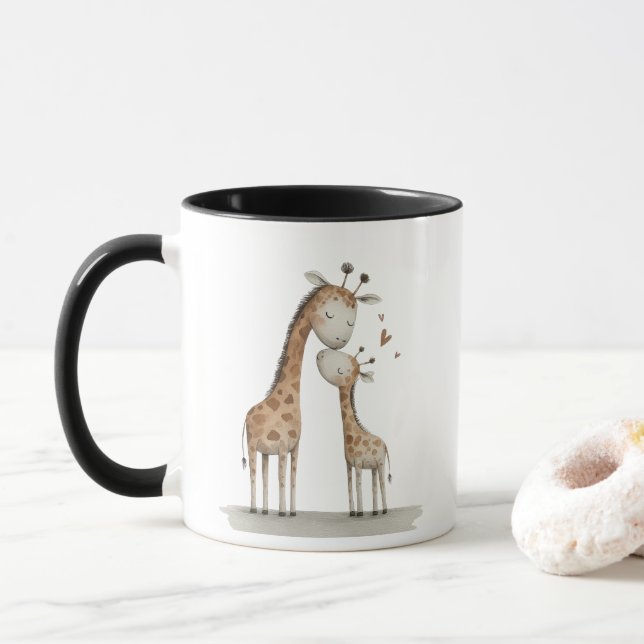 Mom & Baby Giraffe Cute Illustration Mug (With Donut)