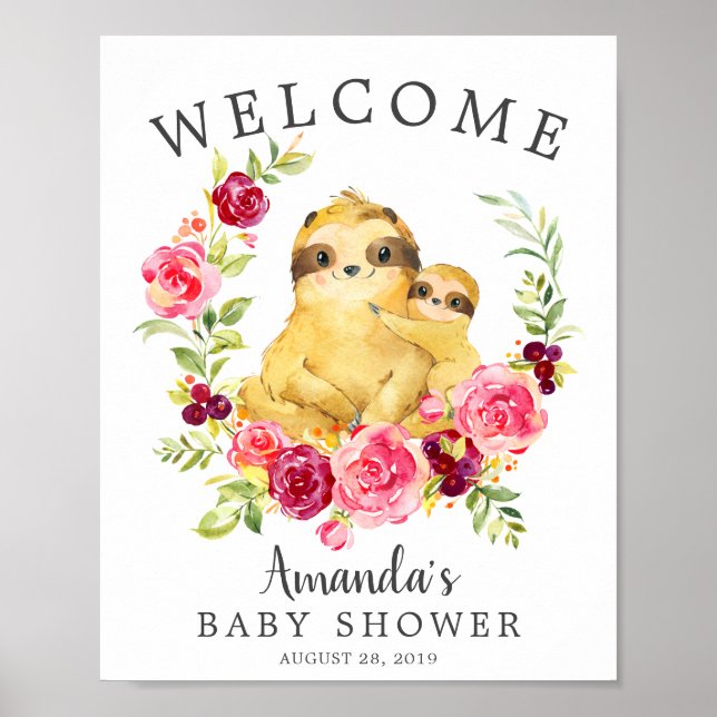 Mom & Baby Sloth Welcome Baby Shower Poster (Front)