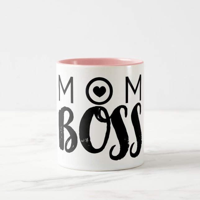 MOM BOSS Modern Typography Script Trendy Chic Two-Tone Coffee Mug (Center)