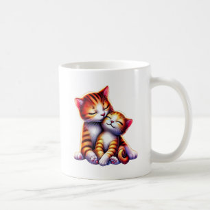 Mom cat and her kitten are hugging. coffee mug