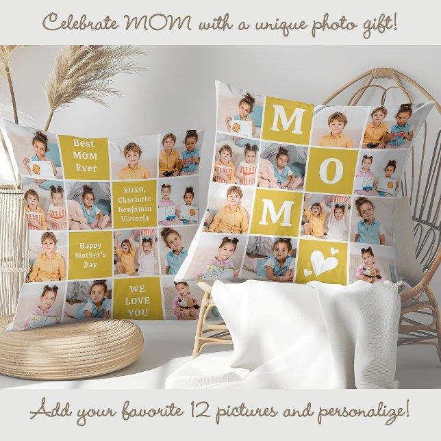MOM Custom 12 Photo Collage Modern Marigold Yellow Cushion (Creator Uploaded)