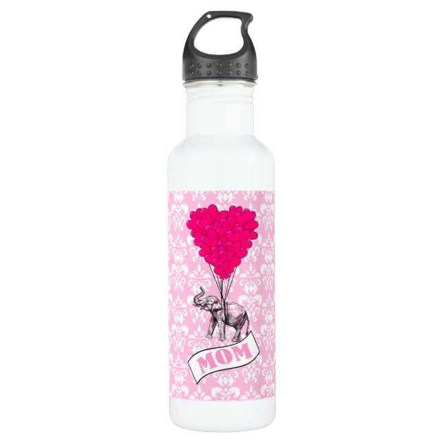 Mom, elephant and heart balloons 710 ml water bottle (Front)