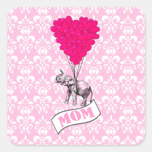 Mom, elephant and heart balloons square sticker