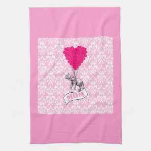 Mom, elephant and heart balloons tea towel