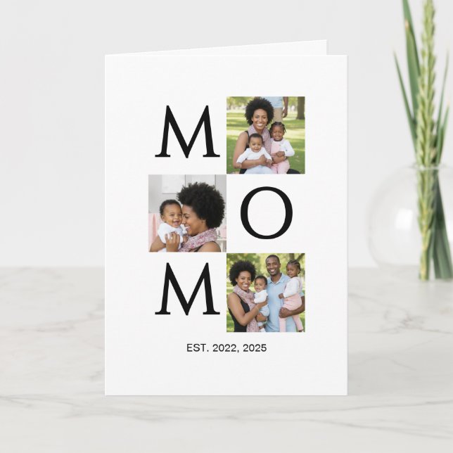 Mom Est Established Caps 3 Photo Mothers Day Holiday Card (Front)