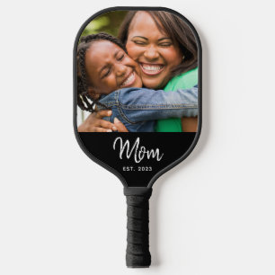 Mom Established Black Fun Modern Script Photo Pickleball Paddle