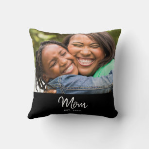 Mom Established Black Modern Script Photo  Cushion