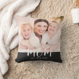 Mom Established Black Modern Script Photo Cushion