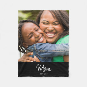Mom Established Black Modern Script Photo Fleece Blanket