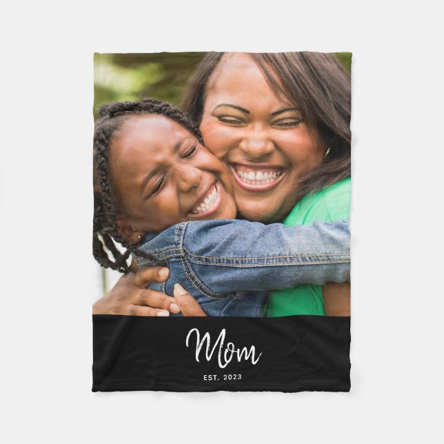 Mom Established Black Modern Script Photo  Fleece Blanket (Front)