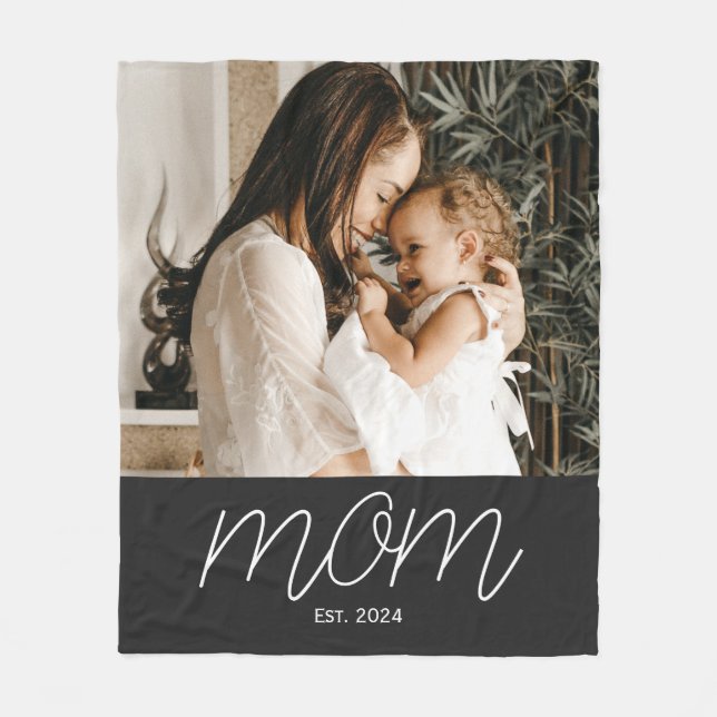 Mom Established Black Modern Script Photo Fleece  Blanket (Front)
