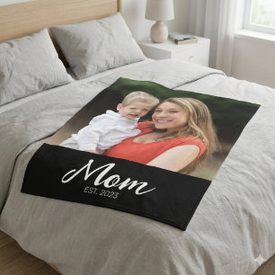 Mom Established Black Modern Script Photo  Fleece Blanket