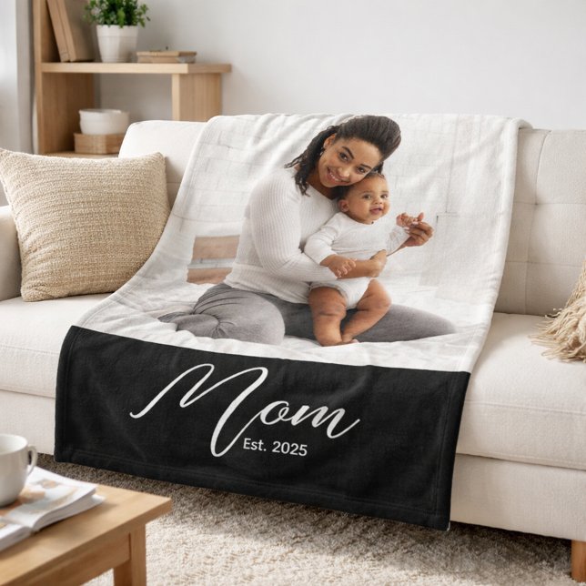 Mom Established Black Modern Script Photo Fleece Blanket (Creator Uploaded)