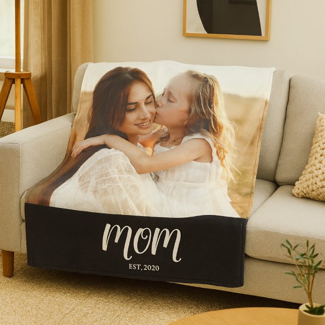 Mom Established Black Modern Script Photo Fleece Blanket (Creator Uploaded)