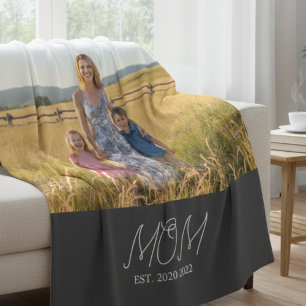 Mom Established Black Modern Script Photo Fleece Blanket