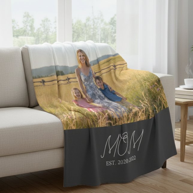 Mom Established Black Modern Script Photo  Fleece Blanket (Creator Uploaded)