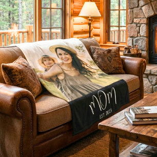 Mom Established Black Modern Script Photo Fleece Blanket