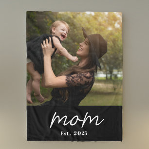 Mom Established Black Modern Script Photo Fleece Blanket