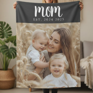 Mom Established Black Modern Script Photo Fleece Blanket