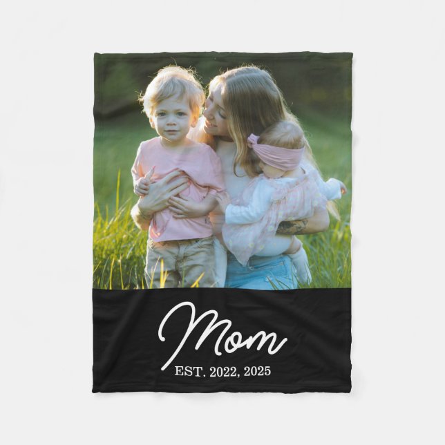 Mom Established Black Modern Script Photo Fleece Blanket (Front)