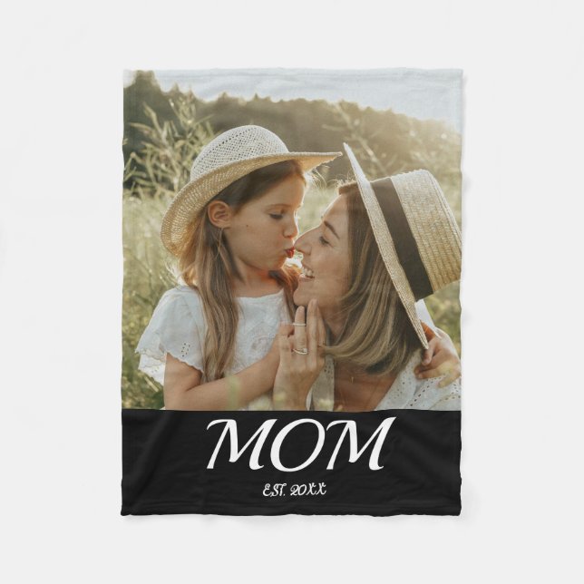 Mom Established Black Modern Script Photo  Fleece Blanket (Front)