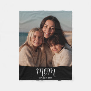 Mom Established Black Modern Script Photo Fleece Blanket