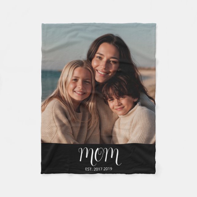 Mom Established Black Modern Script Photo  Fleece Blanket (Front)