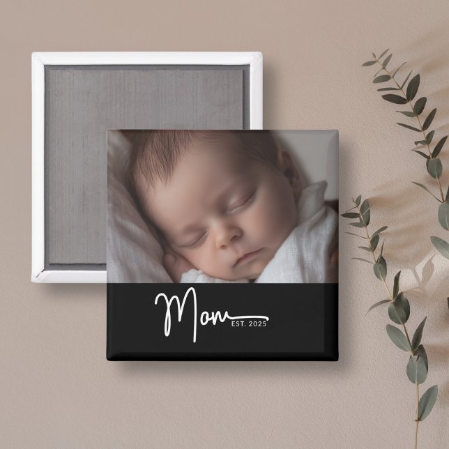 Mom Established Black Modern Script Photo Gift  Magnet (Perfect for new moms or Mother’s Day gifting.)