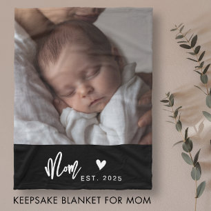 Mom Established Black Modern Script Photo Heart Fleece Blanket