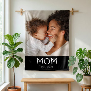 Mom Established Black Modern Typography Photo Fleece Blanket