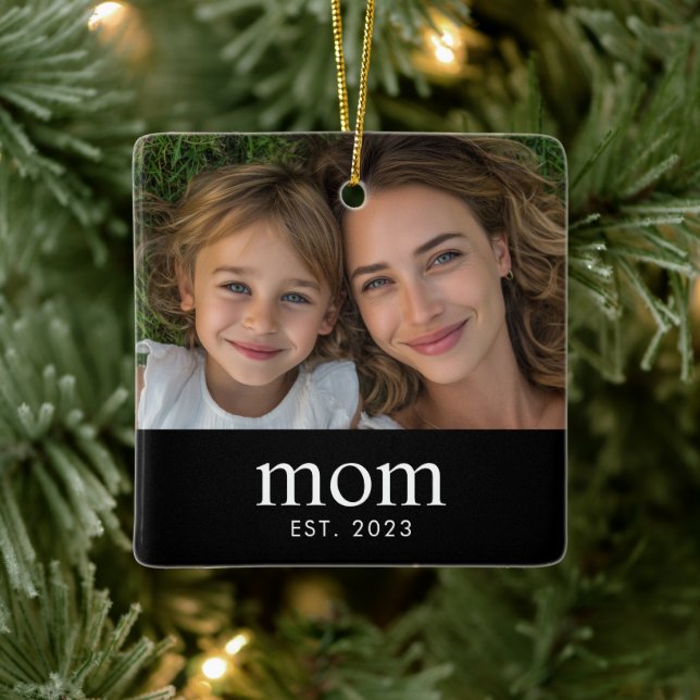  Mom Established Black White Modern Photo  Ceramic Ornament (Tree)