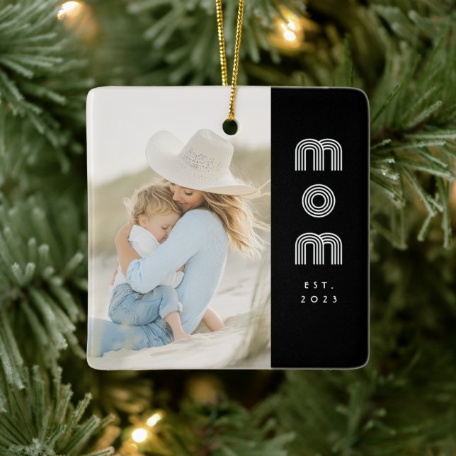 Mom Established Black White Retro Script Photo  Ceramic Ornament (Tree)