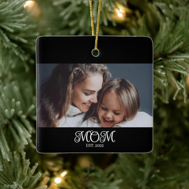 Mom Established Black White Script Photo Ceramic Ornament (Tree)