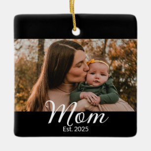 Mom Established Black White Script Photo Ceramic Ornament
